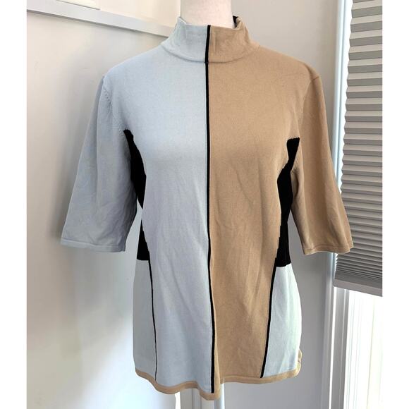 Per Se Color Block Blue Tan Black Mock Neck Knit Sweater Short Sleeve Medium - Picture 1 of 5